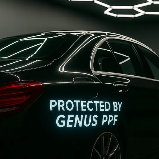 Car wrapped with Genus PPF showing high gloss finish and Genus PPF branding