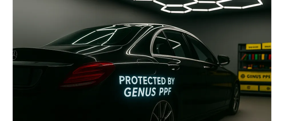 Car wrapped with Genus PPF showing high gloss finish and Genus PPF branding