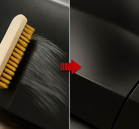 Genuscars product before and after deep scratch and swirl mark removal on a high-gloss black surface