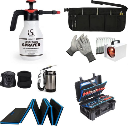 Genuscars installer gear set featuring gloves, heatgun, pressure sprayer, edge tools and accessories