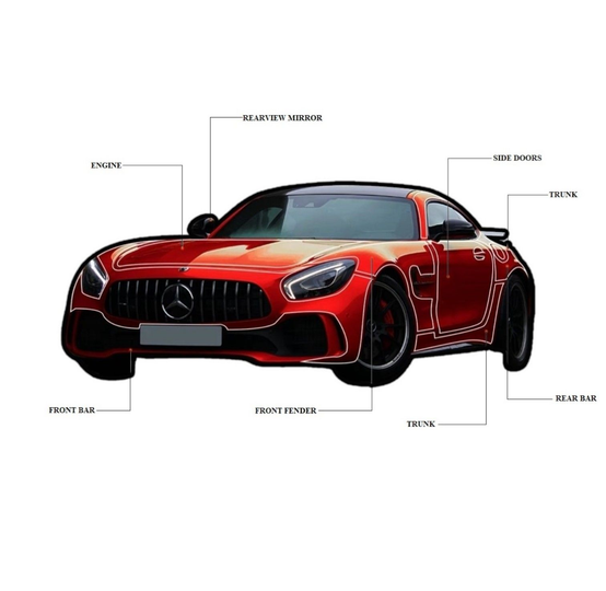 Genuscars diagram showing different sections of a red Mercedes AMG GT for protection film