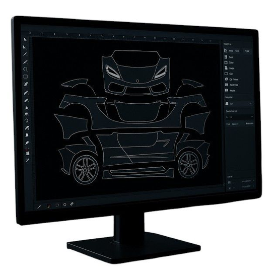 Genuscars computer screen showing vector cut patterns for car paint protection film PPF