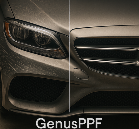 Genuscars before and after deep scratch removal on Mercedes Benz front bumper and headlight