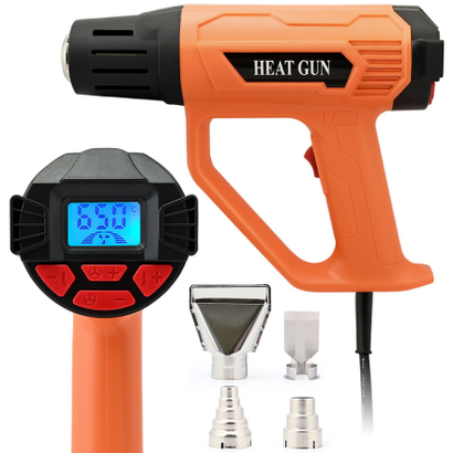 Genuscars heat gun with digital control unit and metal nozzles attachment, displayed alongside its holder 